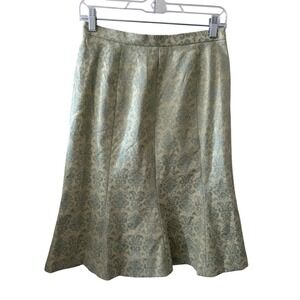 IDEA Sage Green Damask‎ Jacquard Midi A-Line Skirt Women Size 4 Brocade Floral